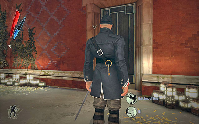 I recommend that you start by examining the enemy's outpost located near the main entrance to the Estate (the guest entrance) - Exploring the Boyle Estate garden - Mission 5 - Lady Boyles Last Party - Dishonored - Game Guide and Walkthrough