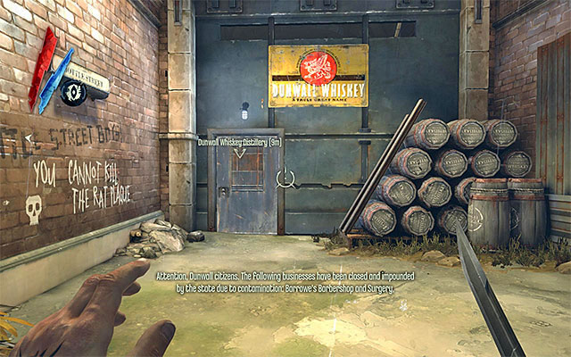 The Bottle Street Gang's headquarters is located in the [Dunwall Whiskey Distillery] that you may have already found - Contaminating the bootleg elixir in the Bottle Street Gang's headquarters - Mission 2 - High Overseer Campbell - Dishonored - Game Guide and Walkthrough