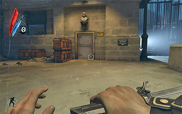 In order to approach the Overseer's building, you need to go around the gate seen in the distance - Reaching the High Overseer Campbell's Office - Mission 2 - High Overseer Campbell - Dishonored - Game Guide and Walkthrough