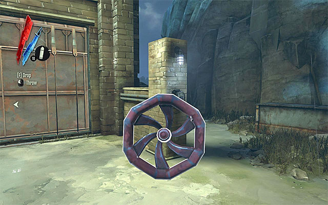 The inaccessible room of the last building may be accessed from the roof side (jump down to the balcony and smash the wooden bars), or find a large valve handle in the workshop and put it in the appropriate slot(the above screenshot) - Exploring the yard - Mission 2 - High Overseer Campbell - Dishonored - Game Guide and Walkthrough