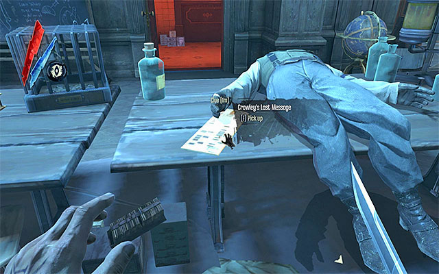 Before you focus on the new thing to do, it would be a good idea to deal with two nearby guards (one of them has a Galvani building key), although, all in all you may try and go around them - Finding Crowley in Dr Galvani's flat - Mission 3 - House of Pleasure - Dishonored - Game Guide and Walkthrough