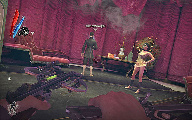Custis is accompanied by a courtesan so you need to try and eliminate both of them by slowing down, or holding time and firing your crossbow (the pistol is too loud) - Choosing how to eliminate the Pendelton Twins - Mission 3 - House of Pleasure - Dishonored - Game Guide and Walkthrough