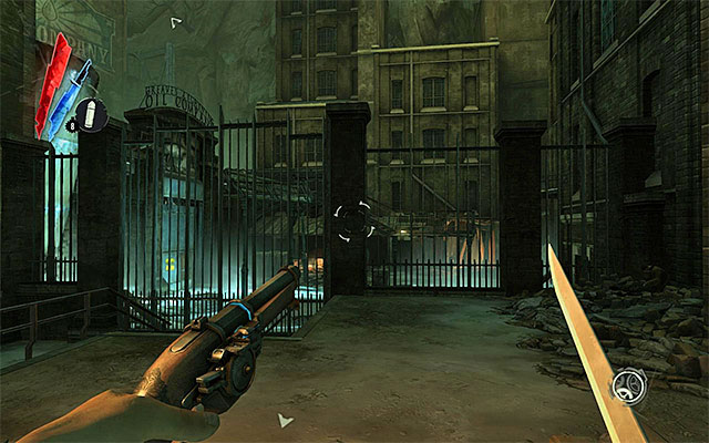 If you have chosen variant one to reach the [Greaves Lightning Oil Refinery], you should be starting the exploration of the area in front of the gates (the above screenshot) - Exploring the Greaves Refinery area - Mission 7 - The Flooded District - Dishonored - Game Guide and Walkthrough
