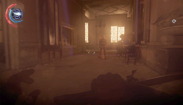 Wait for the guard to turn his back towards you and head into the kitchen located on the left side. - Find Dr. Hypatias office | Mission 3 - Mission 3 - The Good Doctor - Dishonored 2 Game Guide