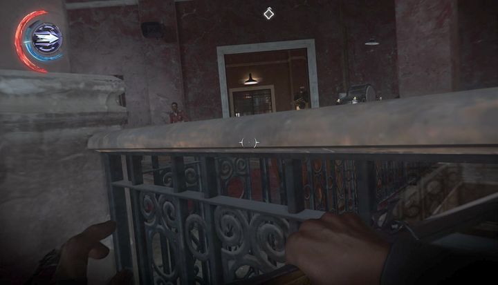 If a guard hears you while you jump to the balcony, he will come to check for the source of sound. - Find Dr. Hypatias office | Mission 3 - Mission 3 - The Good Doctor - Dishonored 2 Game Guide