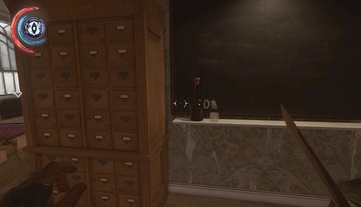 The code to the safe is written on the blackboard. Take the bottle to reveal the second digit. - Secrets | Mission 4 - Mission 4 - The Clockwork Mansion - Dishonored 2 Game Guide