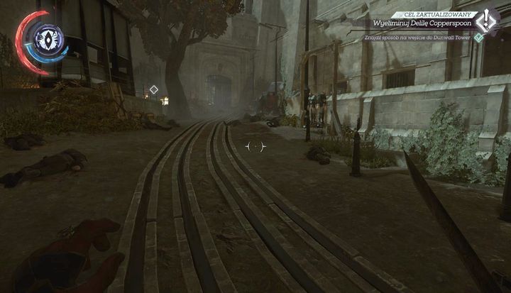 In the building on the right, there is the power supply for the gate. - Get to the Dunwall Tower | Mission 9 - Mission 9 - Death to the Empress - Dishonored 2 Game Guide