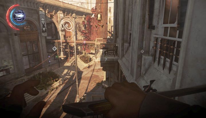 Jump on the balcony to get into the apartment. - Enter the Carriage Station | Mission 4 - Mission 4 - The Clockwork Mansion - Dishonored 2 Game Guide