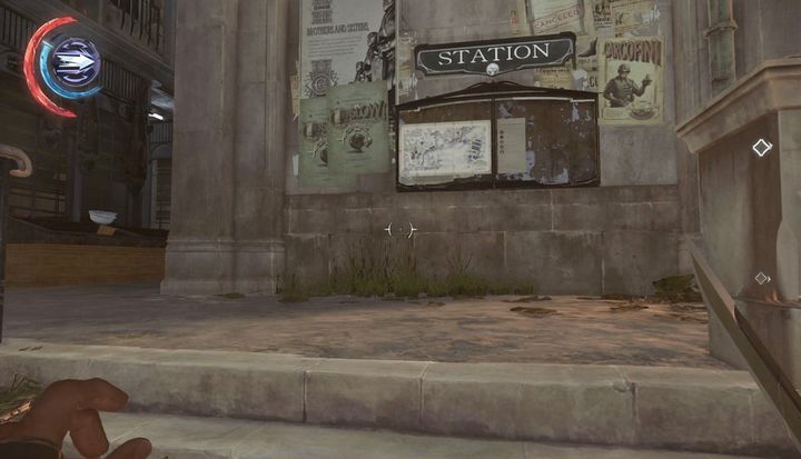 A map of the location and an alley on the left side. - Enter the Carriage Station | Mission 4 - Mission 4 - The Clockwork Mansion - Dishonored 2 Game Guide