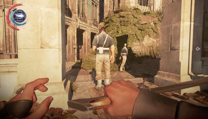 Attack the guard when his companion is heading towards the gate. - Enter the Clockwork Mansion | Mission 4 - Mission 4 - The Clockwork Mansion - Dishonored 2 Game Guide