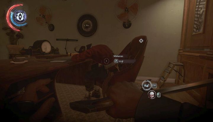 Stun the enemy sleeping by the desk. You will get his helm as a trophy. - Enter the Clockwork Mansion | Mission 4 - Mission 4 - The Clockwork Mansion - Dishonored 2 Game Guide