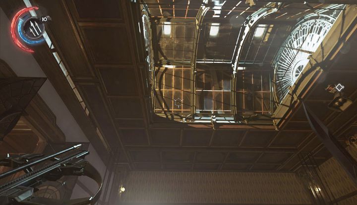 Destroy the window on the ceiling and use Blink to get to the upper floor. - Take out Kirin Jindosh | Mission 4 - Mission 4 - The Clockwork Mansion - Dishonored 2 Game Guide