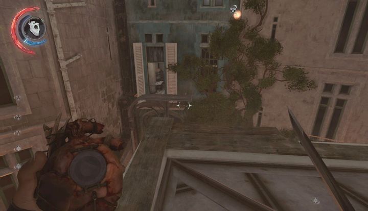 Jump into the flat and go up to find a shrine. - Assist the shopkeeper (optional) | Mission 5 - Mission 5 - The Royal Conservatory - Dishonored 2 Game Guide