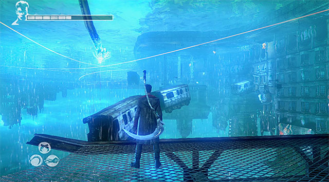 Place yourself where the screen above shows and use Angel Lift - Reaching a one-eyed prisoner - 7: Overturn - DMC: Devil May Cry - Game Guide and Walkthrough