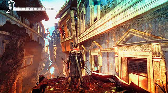 SOUL 6/8 - SOUL is on the wall of building nearby the second camera - Mission 4: Under Watch - Lost Souls - DMC: Devil May Cry - Game Guide and Walkthrough