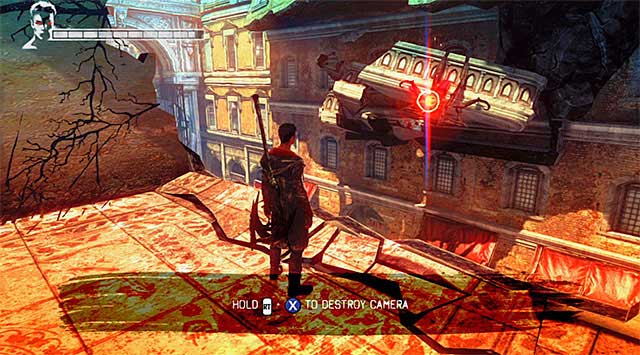 Again return on the roof and jump down on its lower part - Destroying the third camera - 4: Under Watch - DMC: Devil May Cry - Game Guide and Walkthrough