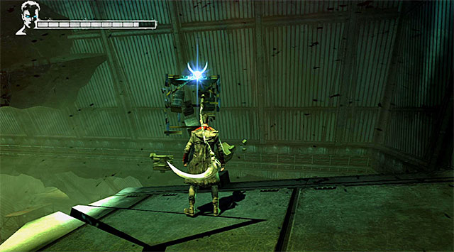 Continue journey, using Angel Pull on a latch (screen above) - Main battle in the second warehouse - 5: Virility - DMC: Devil May Cry - Game Guide and Walkthrough