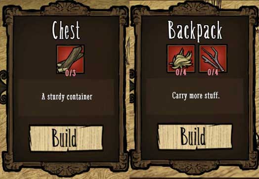 This means that what you should create is a Backpack and a Chest - Camp expansion - Setting up a camp - Dont Starve - Game Guide and Walkthrough