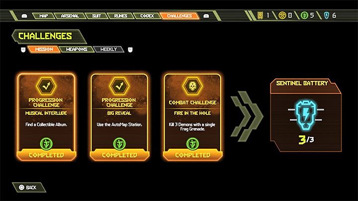 The reward for completing each set of 3 mission challenges is a Sentinel Battery - Doom Eternal: Challenges guide - Basics - Doom Eternal Guide