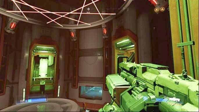 When a big moving laser ring appears, you must wait for it to move up - Doom: Advanced Research Complex Walkthrough - Doom: Walkthrough - Doom Game Guide & Walkthrough