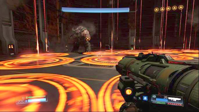 After the demon shoots many rockets above, yellow circles will appear on the ground - Doom: How to beat the Cyberdemon? - Doom: Walkthrough - Doom Game Guide & Walkthrough