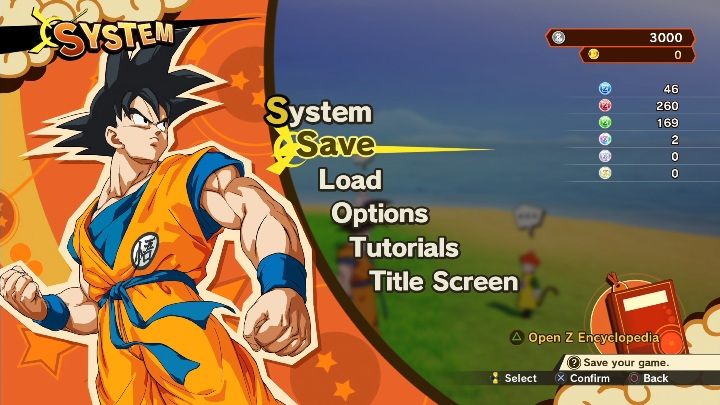 To save the game, you must open the menu and select the save option - Saving progress | DBZ Kakarot basics - Basics - Dragon Ball Z Kakarot Guide
