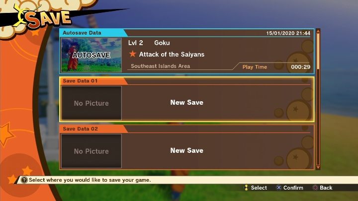 Your next task is to select the slot where the game should be saved - Saving progress | DBZ Kakarot basics - Basics - Dragon Ball Z Kakarot Guide