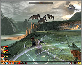 The dragon flies from one place to another from time to time #1, so you must watch out when he suddenly lands near your archers and mages - Mine Massacre - Act III - Dragon Age II Game Guide