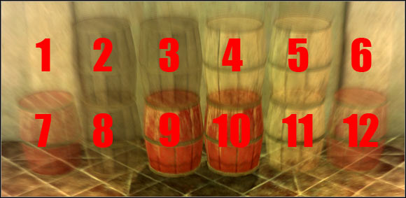In order to solve this puzzle you have to rearrange all barrels in such way that four red barrels are next to each other and examples of such solution can be found on the side walls - Night Terrors - p. 1 - Act II - Dragon Age II Game Guide