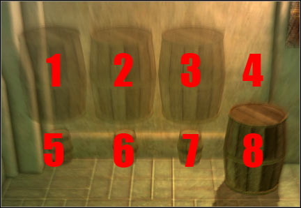 In order to solve this puzzle you have to rearrange all barrels in such way that big barrels are in the lower row and small barrels are in the upper row - Night Terrors - p. 1 - Act II - Dragon Age II Game Guide