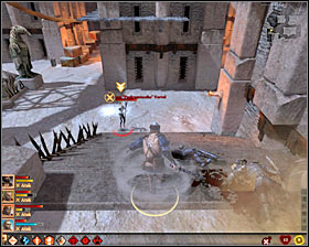 There are quite difficult fights ahead of you in new localization so first I suggest you to stand near the stairs and wait for the enemies to appear - Reining It In - Act III - Dragon Age II Game Guide