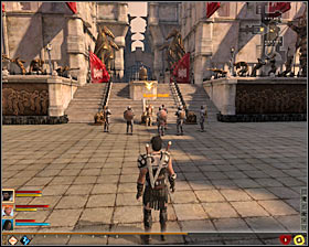 Choose the passage behind the Guardsman and eventually you will reach a much bigger courtyard #1 - The Destruction of Lothering - p. 2 - Prologue - Dragon Age II Game Guide