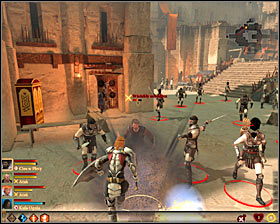 Id recommend saving your game now, as once you exit the shop you will be accosted by a group of deserters, who wont like that youre searching for the Grey Warden (M12, 8) - Tranquility - Act I - Dragon Age II Game Guide