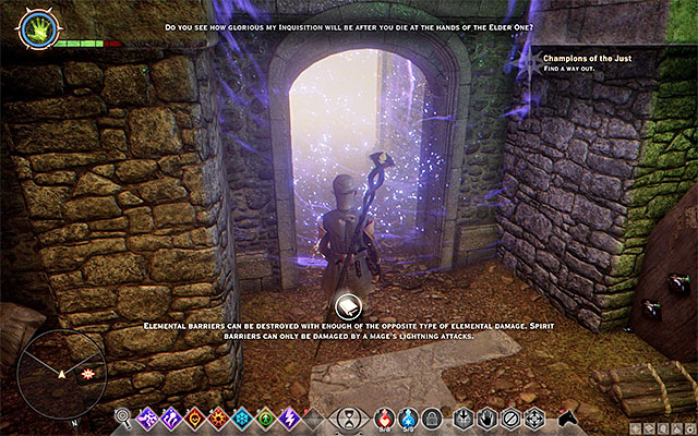 On the South-Western side of the chamber with flames (M11,1i) you will run into an unique obstacle (one of them in the above screenshot) - Dragon Age Inquisition: Champions of the Just (siding with templars) - Main storyline quests (The Path of the Inquisitor) - Dragon Age: Inquisition Game Guide & Walkthrough