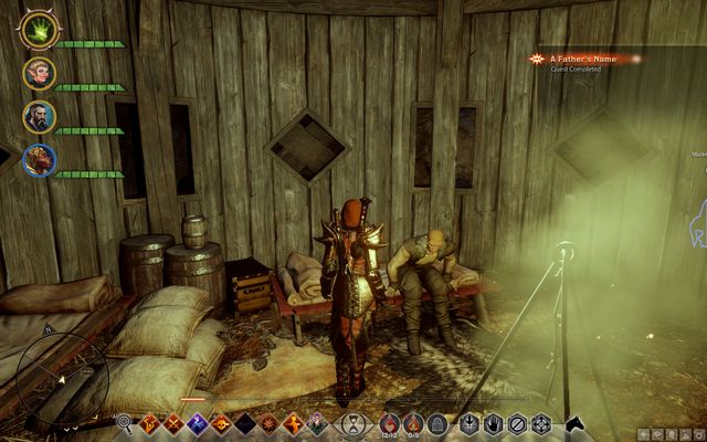 Finn lies on a bed in the hut, next to the Huntsman. - Dragon Age Inquisition: A Fathers Name - The Frostback Basin - Jaws of Hakkon DLC - Dragon Age: Inquisition Game Guide & Walkthrough