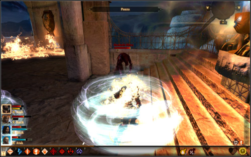 When he gets hurt he will teleport to the center of the arena and will start absorbing the energy from the pillar - Walkthrough - The Final Seal - Dragon Age II: Legacy - Game Guide and Walkthrough