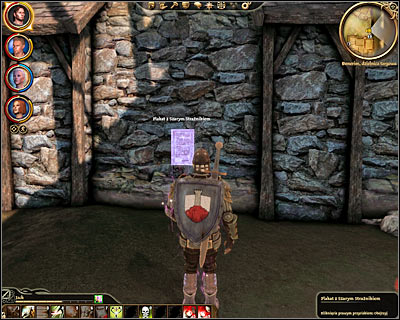 Exit the tavern to return to [Denerim - Market district] and inspect the western wall to find a poster with a Grey Warden (M64, 13) - Dragon Age Origins: Trial of the crows - Denerim - Dragon Age: Origins Game Guide