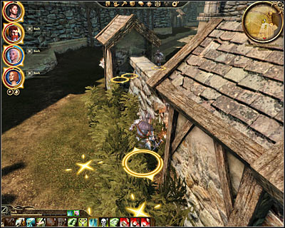 There are two ways for you to gain access to the mansion - you can follow Erlinas instructions by hiding in the bushes (M72, 4) or you can ignore the possibility of using a disguise and attack the guards - Dragon Age Origins: Saving the queen - Denerim - Dragon Age: Origins Game Guide