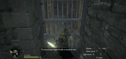 Upstairs, smash the bar blocking the gate - Deny Salvation - Act VI - Dragons Dogma - Game Guide and Walkthrough