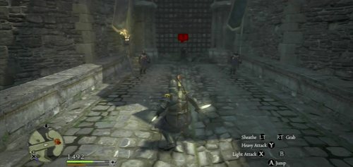 Before approaching the guards, equip the armor set from Mirabelle (Royal Guard Armor) - Duchess In Distress - Act III and further - Dragons Dogma - Game Guide and Walkthrough