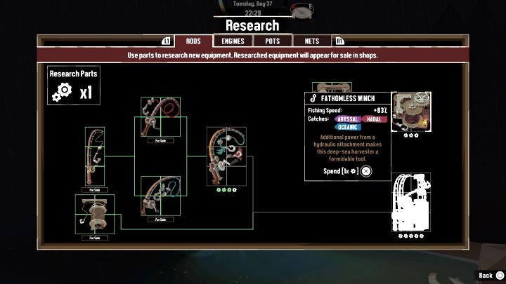 Research Parts: 3 (go to the Shipwright after donating the parts) - Dredge: List of all Rods - Basics - Dredge Guide