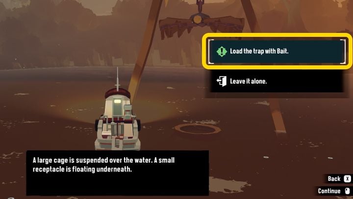 Approach the trap, interact with it and select the Load the trap with Bait option - Dredge: The Bitter End - Pursuits - Dredge Guide
