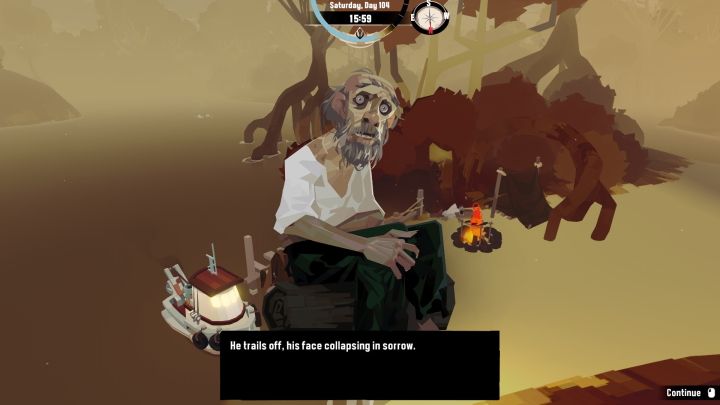 In the camp you find an Old Mayor who can shed some light on the events from years ago - Dredge: All endings - Basics - Dredge Guide