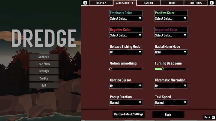Enter the Settings and choose the Accessibility tab - Dredge: Accessibility features - Appendix - Dredge Guide
