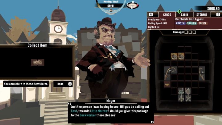 Talk to the Mayor, who will give you a package to deliver - that way, you will start the quest - Dredge: Package Delivery - Pursuits - Dredge Guide