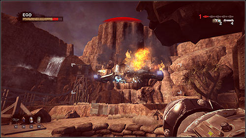 The downed battleship will create a bridge which you can use to get higher and head to the barricaded mine below the waterfall - 15.2. Highway Battle: Part 2 - Campaign - Duke Nukem Forever - Game Guide and Walkthrough