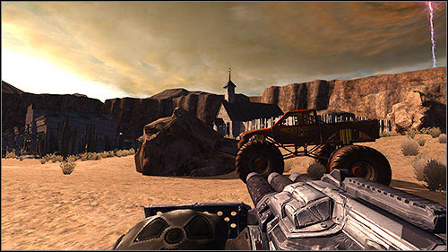 A bit on the side, to the right of the city there's a ruined church - search for a porn magazine below one of the benches to build up Duke's Ego metre - 14. Ghost Town - Campaign - Duke Nukem Forever - Game Guide and Walkthrough