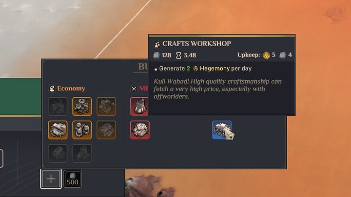 Another option to generate large amounts of Hegemony over time is to build Crafts Workshops in the villages, which generate 5 points every minute - Dune Spice Wars: Victory conditions - best ways to win - Basics - Dune Spice Wars Guide