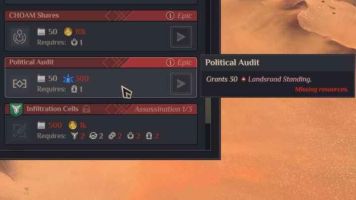 Factions have the Political Audit operation, which allows them to gain 30 Landsraad Standing points by paying them up with Influence points - Dune Spice Wars: Victory conditions - best ways to win - Basics - Dune Spice Wars Guide