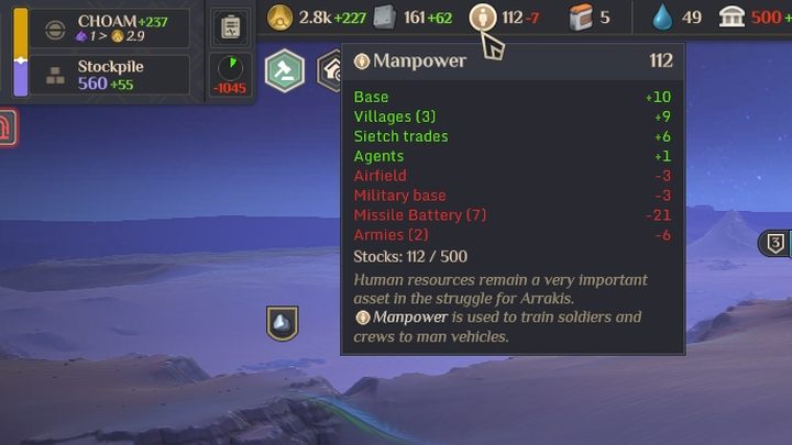 In other words, the Manpower is made up of people who are ready for employment - Dune Spice Wars: Manpower - Resources and raw materials - Dune Spice Wars Guide